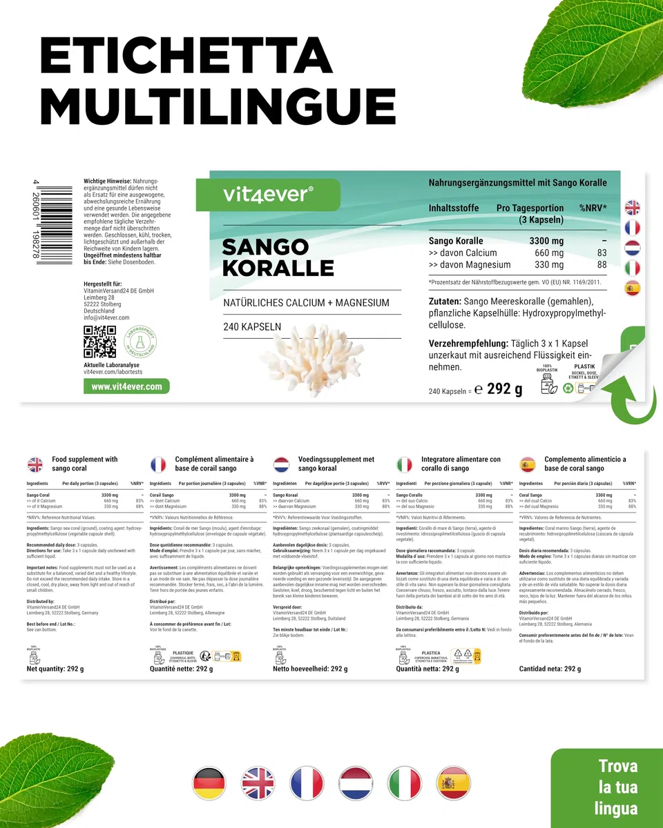Corallo marino di Sango - 240 capsule (3 mesi) - 660 mg di calcio e 330 mg di magnesio - Fonte naturale di calcio e magnesio - Dosaggio elevato
