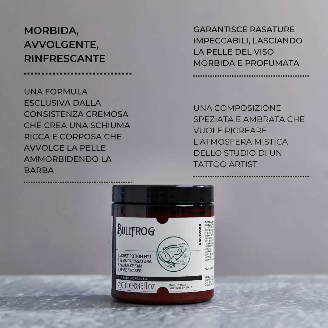Bullfrog Crema da Rasatura Secret Potion N.1"Classic" 250 ml - Ammorbidisce la Barba - Lascia la Pelle Fresca e Liscia - Note Legnose, Aromatiche e Ambrate, Made in Italy