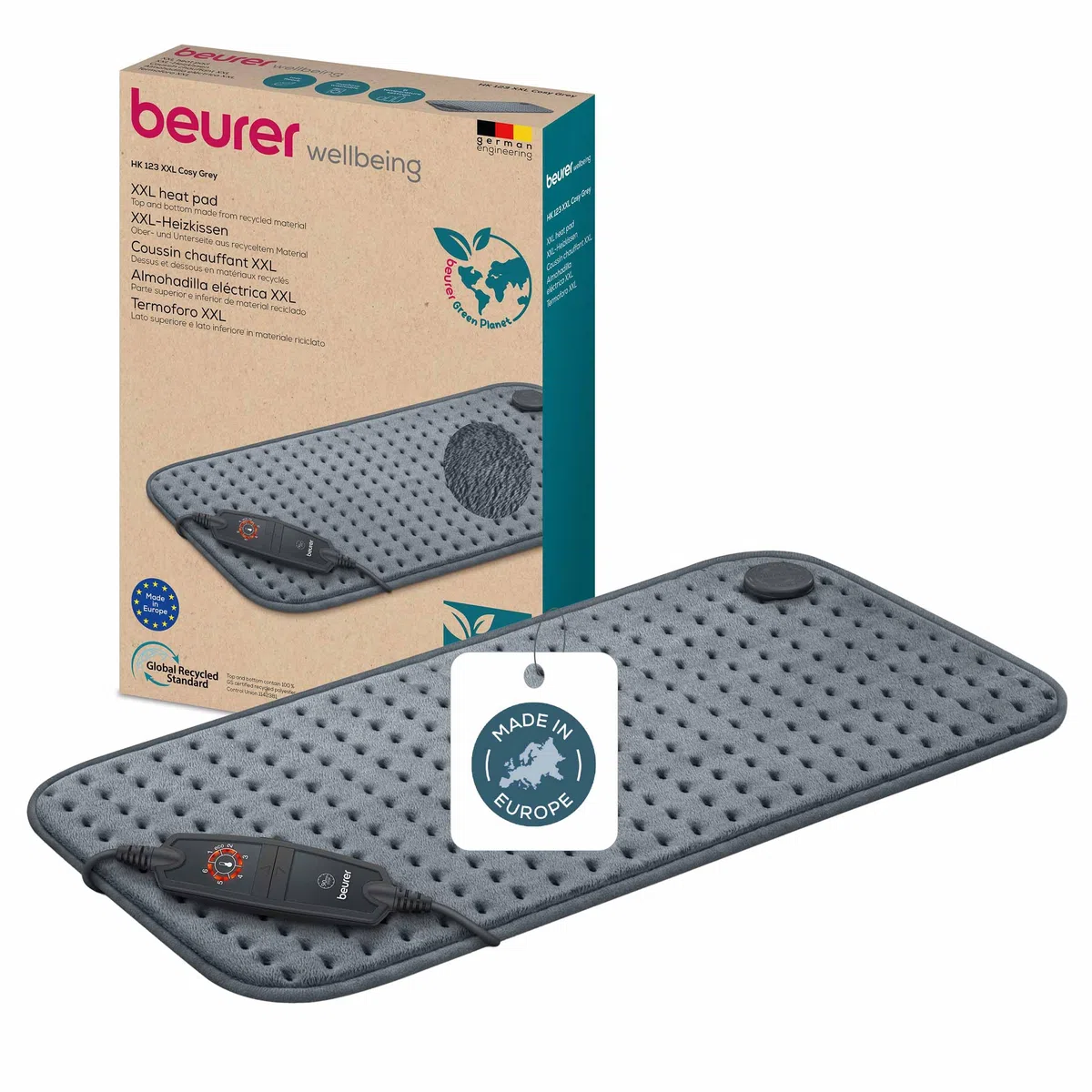Beurer Termoforo HK 123 XXL Cosy Grey Termoforo traspirante a riscaldamento rapido in formato XXL 60 x 30 cm della serie Green Planet, Grigio in materiale riciclato