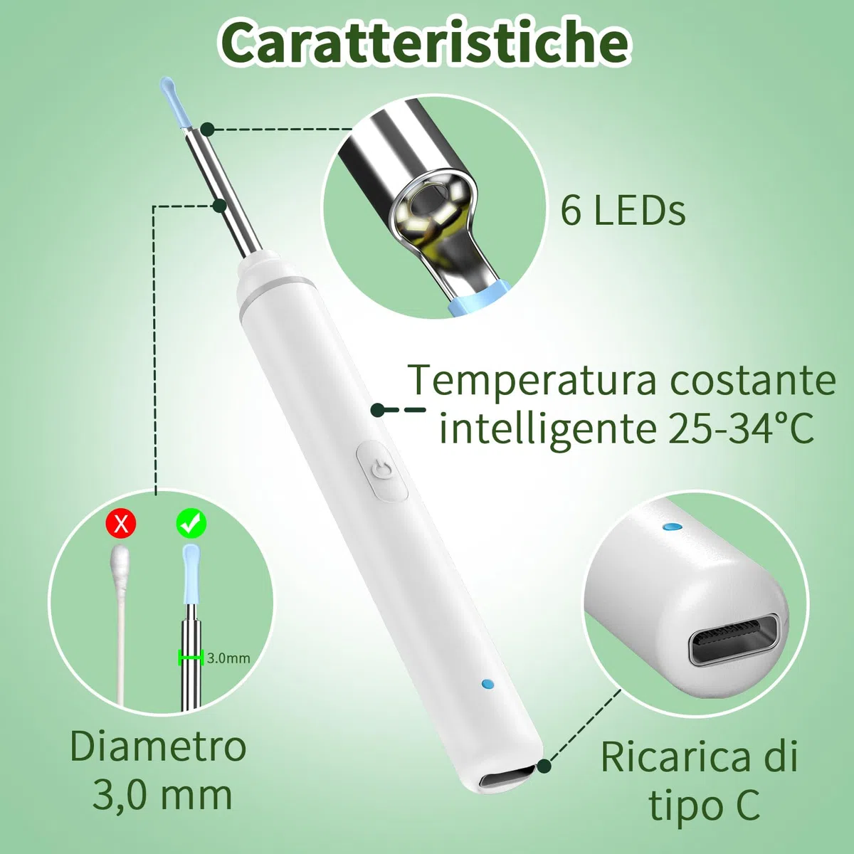 Pulizia Orecchie Otoscopio, 1920P HD Pulisci Orecchie con 6 LED, 3.5mm Pulitore Orecchie, Pulisci Orecchie per iPhone, iPad e Smartphone Android, Bianco