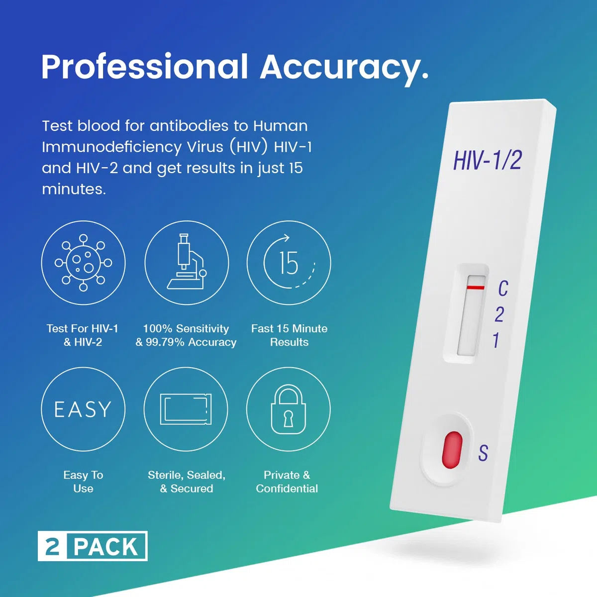 2 x Aydmed Kit per test rapido HIV Autotest HIV-1 e HIV-2 Livello di sensibilità 100% | Livello di precisione del 99,79% Testare il sangue per gli anticorpi contro il virus dell'immunodeficienza umana
