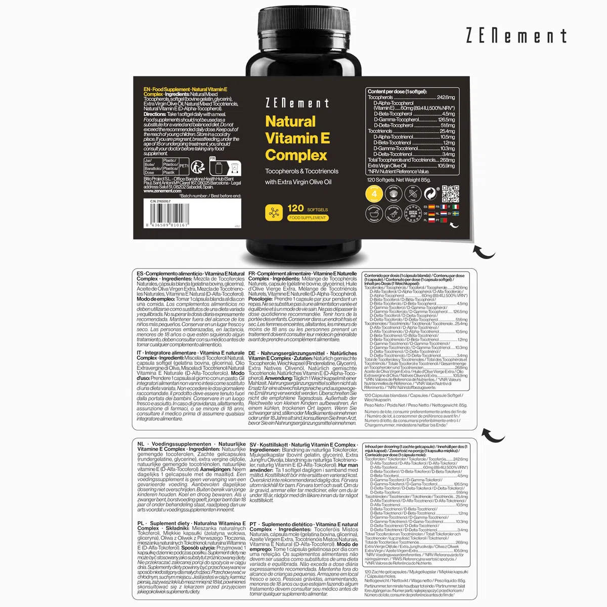 Natural Vitamin E Complex – Tocoferoli e Tocotrienoli – Potente Antiossidante, Protegge le Cellule dallo Stress Ossidativo – con Olio Extravergine di Oliva Spagnolo – 120 Capsule – Zenement