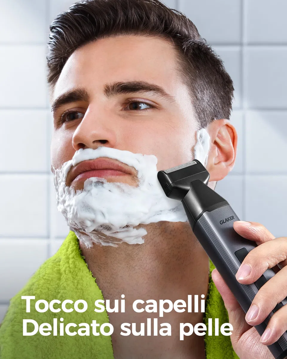 GLAKER Rasoio Elettrico Barba 6 in 1 – Regola Barba Elettrico Uomo Impermeabile per Barba, Capelli, Corpo, Parti Intime e Naso con Testine Intercambiabili