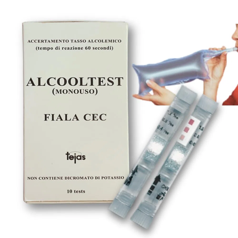GEF Medica - 10 Alcoltest Monouso con Palloncino Biodegradabile | Senza Cromo, Alta Precisione (95%) | Test Prevenzione Alcolemia Facile e Sicuro