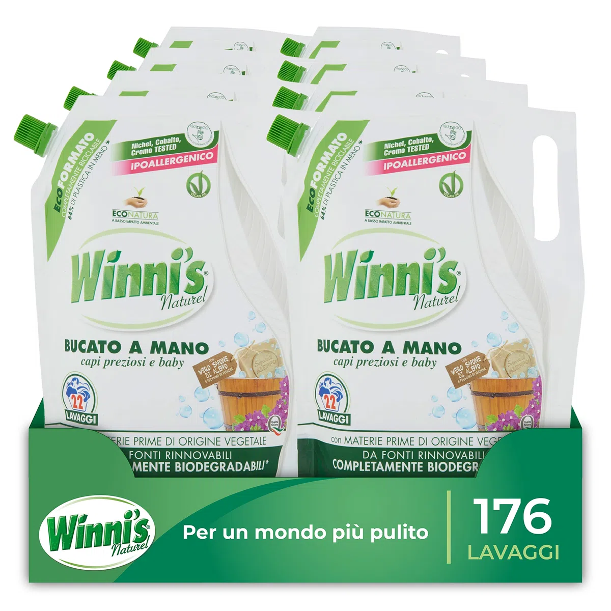 Winni's - Detersivo per Bucato a Mano Ipoallergenico in Ecoformato, 176 Lavaggi, Fragranza Sapone di Aleppo, Adatto alle Pelli più Sensibili, con Materie Prime di Origine Vegetale, 814 ml x 8