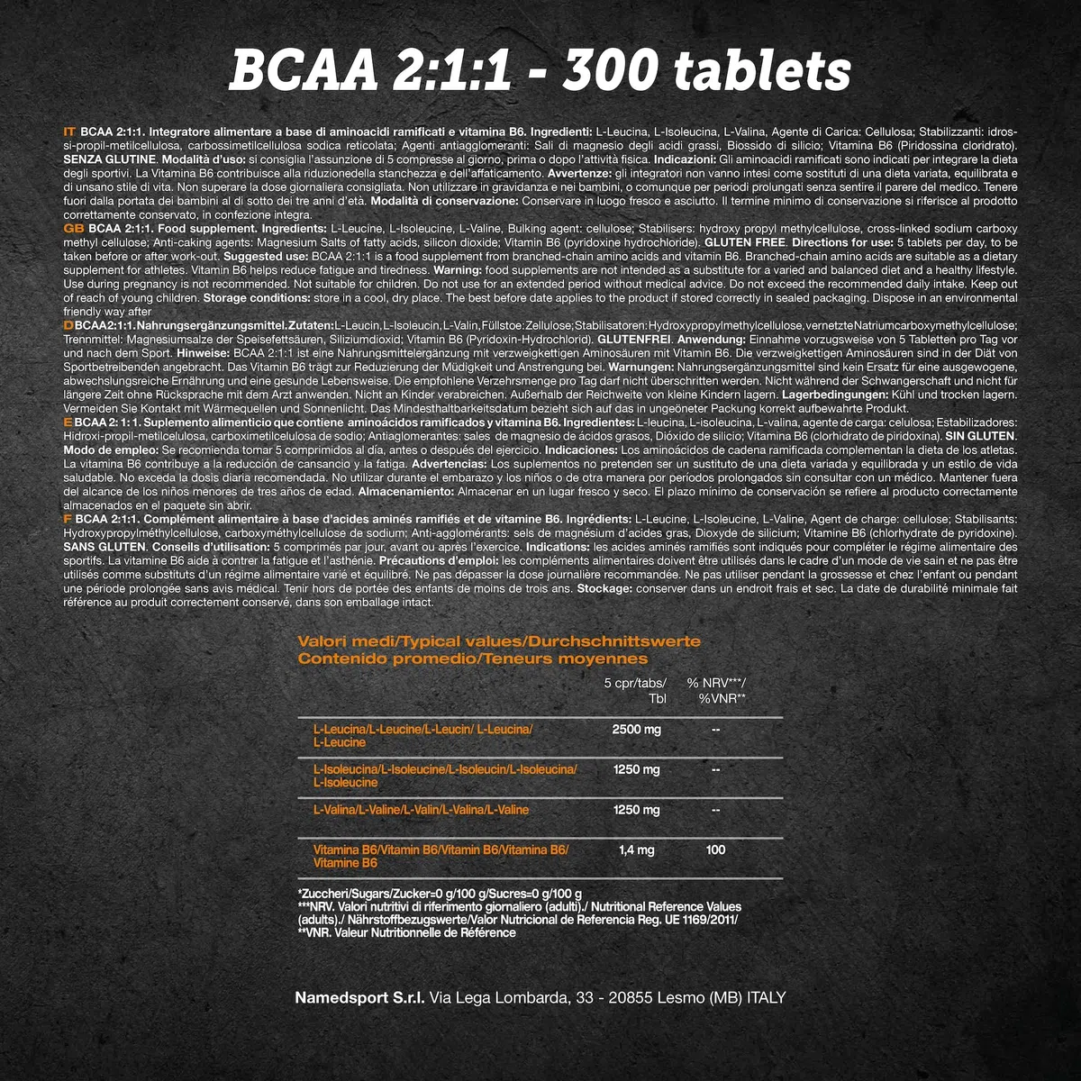 NAMEDSPORT SUPERFOOD BCAA 2:1:1 | EAA Aminoacidi Essenziali e Ramificati con Vitamina B6 | Recupero Muscolare e Sintesi Proteica | Intra Workout Palestra | 300 Compresse