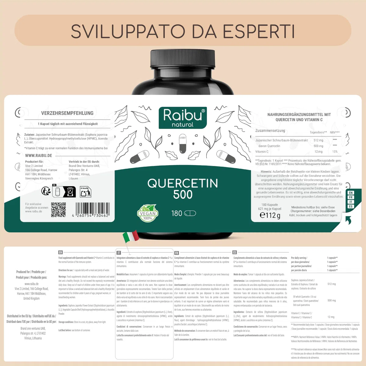 Quercetina 500 mg Pura – 180 Capsule (6 MESI di Fornitura) I 95% di Contenuto di Quercetina I Estratto di Sophora Japonica I Integratore di Flavonoidi I Testato in Laboratorio e Vegano, Raibu