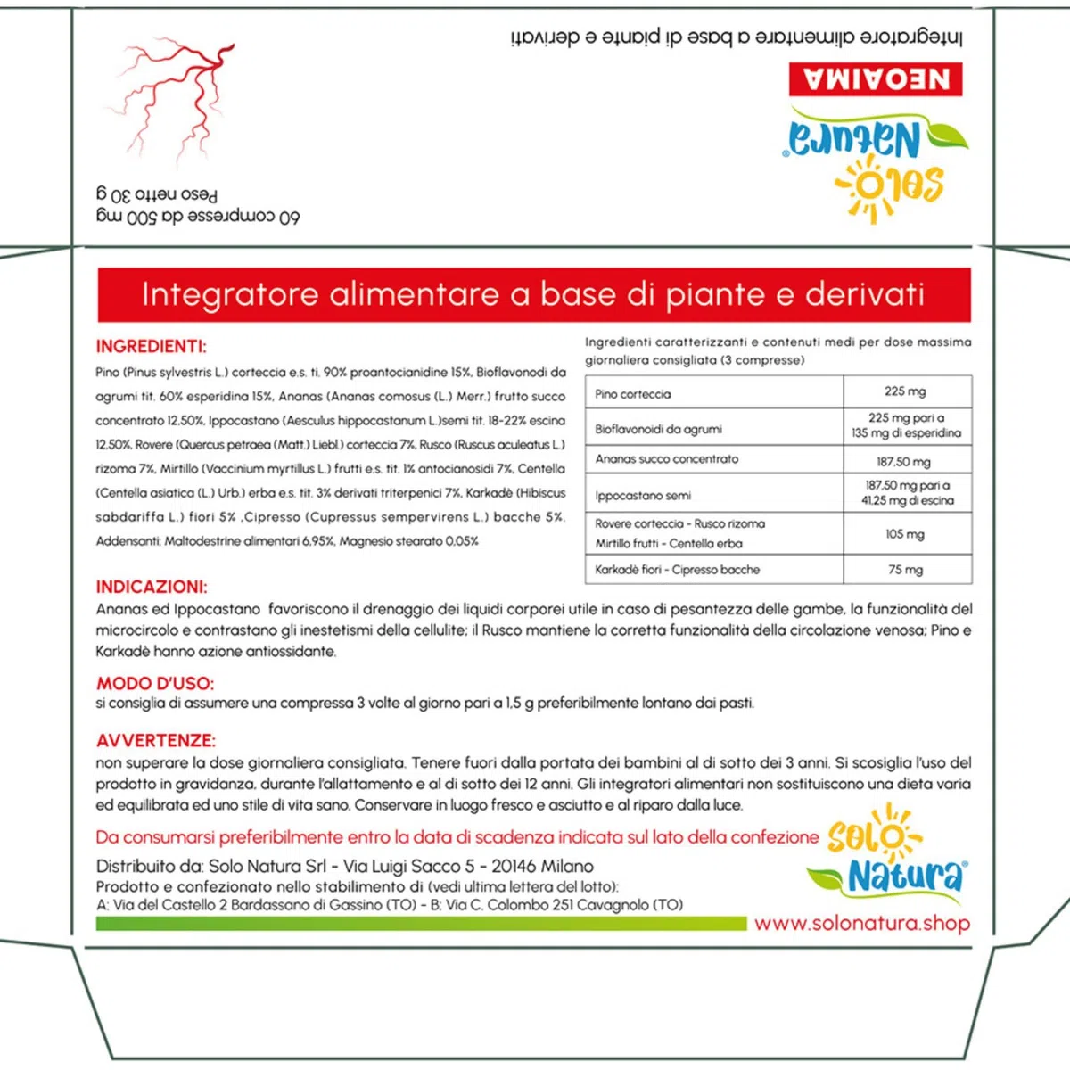Solo Natura NEOAIMA – Integratore per Circolazione Gambe con MIrtillo Nero, Diosmina, Esperidina e Troxerutina, Supporto Microcircolo e Drenante contro Gambe Gonfie e Pesanti, 60 Compresse da 500 mg