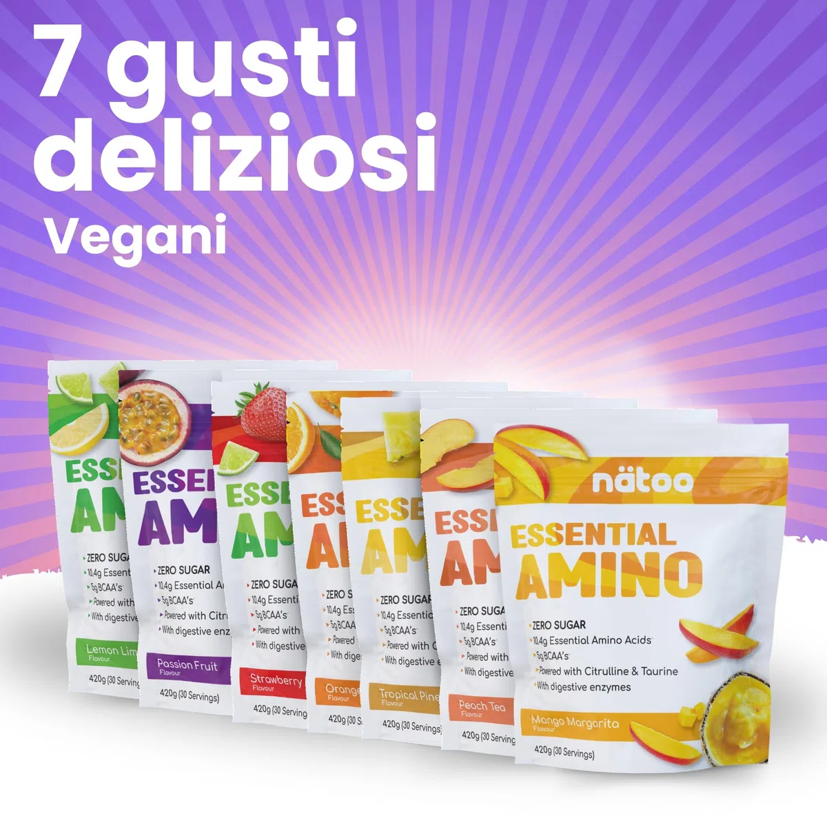 Nätoo Essential Amino Passion Fruit - Aminoacidi Essenziali in Polvere con BCAA, Vitamina C, B6, B12, Glutammina, Bromelina, Taurina, Citrullina - Prestazioni, Recupero al Top - Eaa Senza Zucchero