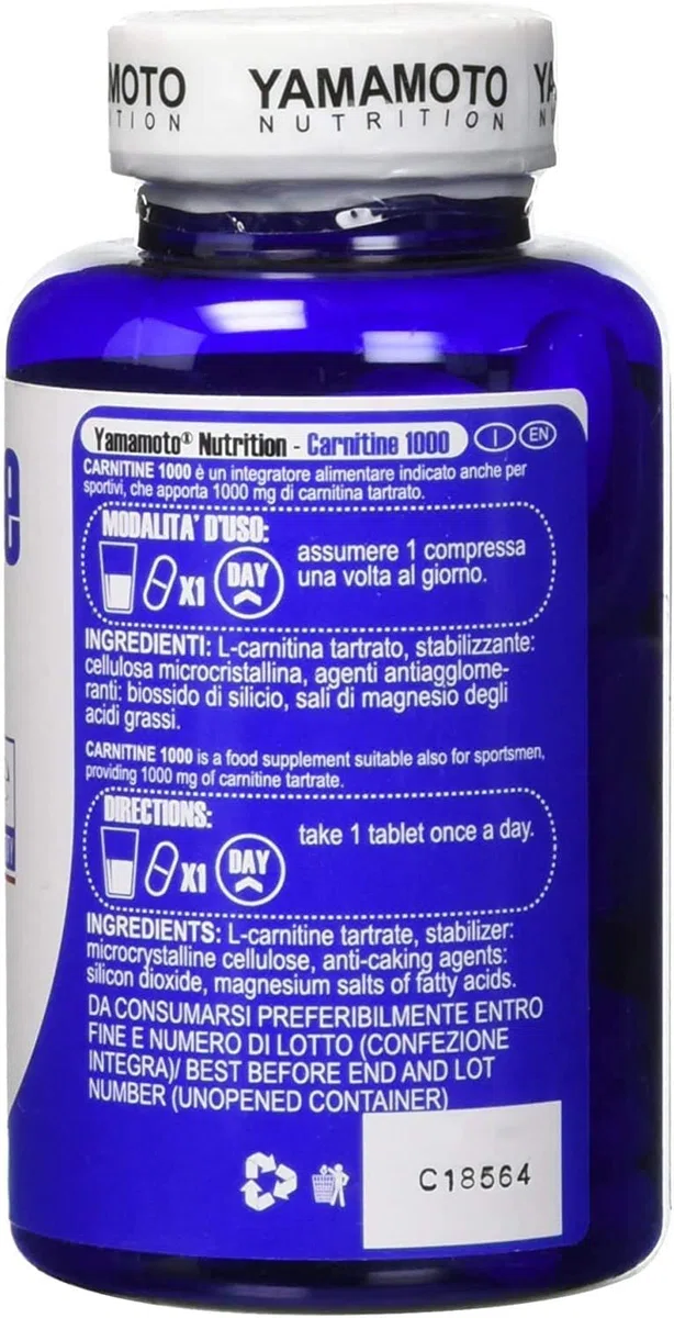 Yamamoto Carnitine 1000-90 compresse da 1gr - 1.000mg di l-carnitina tartrato per compressa. Senza Glutine, Senza Lattosio