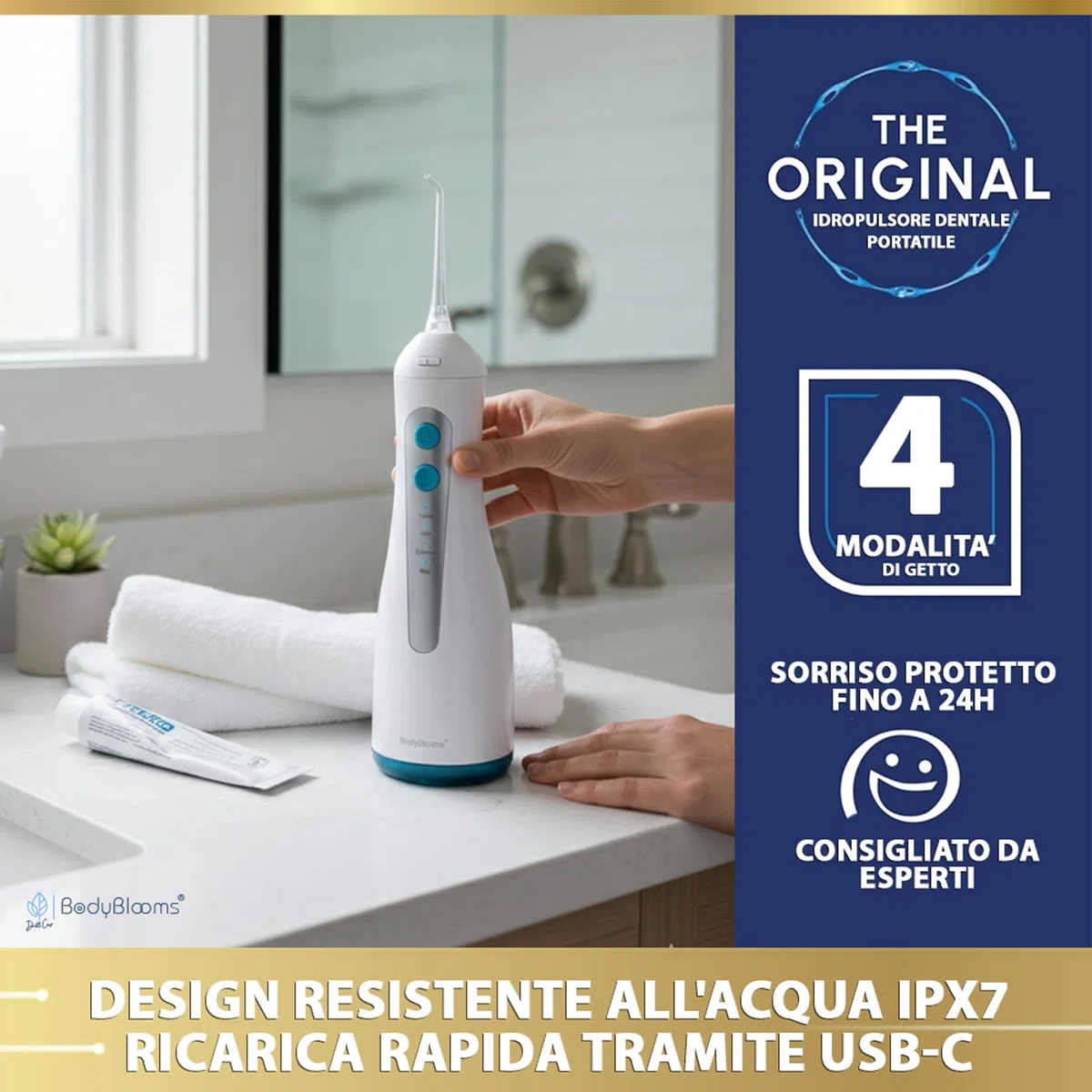 Idropulsore Dentale Portatile DENTAL V-PRO da 300ml. Idropulsore denti,alta pressione con 5 ugelli +1 specchio per pulizia denti profonda. Water flosser Impermeabile. Irrigatore Orale pulizia profonda