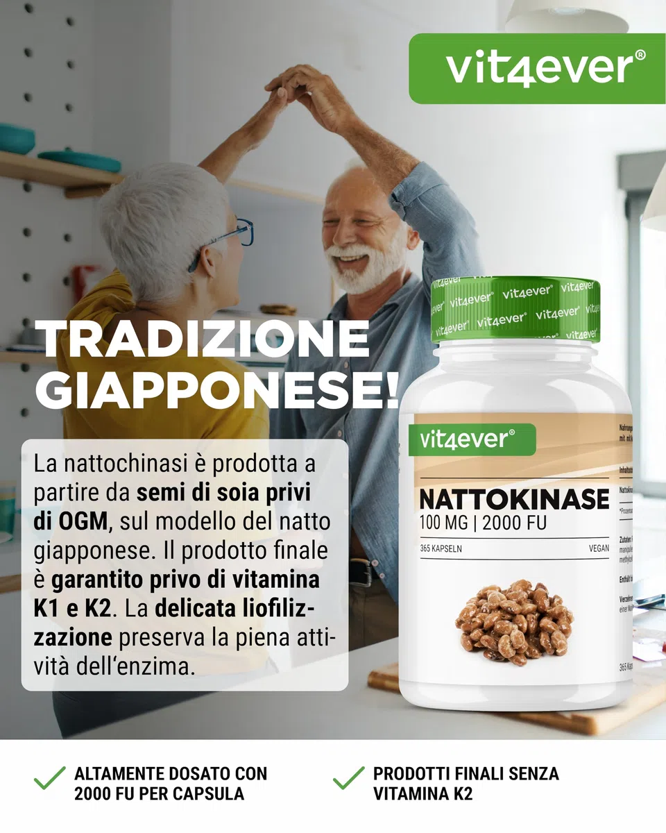 vit4ever Nattokinase - 365 Capsule da 100 mg Nattokinasi (20.000 FU/g) - Scorta per 12 Mesi - Alto Dosaggio - Vegano - Senza OGM - Senza Additivi Inutili