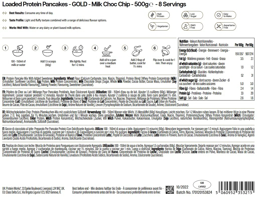 Preparato Per Pancake Proteici | Gocce di cioccolato al latte | Colazione Ad Alto Contenuto Proteico | Snack A Basso Contenuto Di Zucchero | Facile E Veloce Da Realizzare | Protein Works | 500g