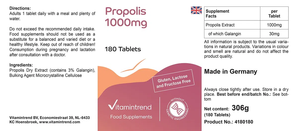 Vitamintrend Estratto di propoli 1000 mg, 180 compresse, ad alto dosaggio, integratore alimentare senza magnesio stearato, prodotto in Germania