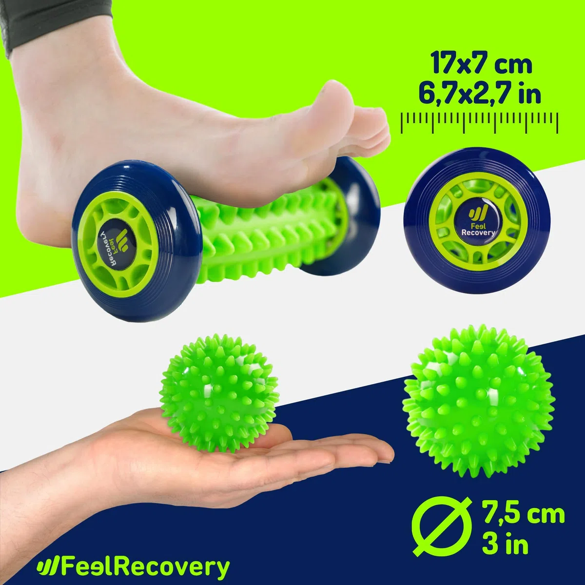 Set Rullo Massaggiatore Piedi per Fascite Plantare + Pallina a Riccio per Massaggio di Riflessologia Muscolare - Kit Agopressione per Dolore Piede, Schiena, Gambe & Cellulite (Verde)