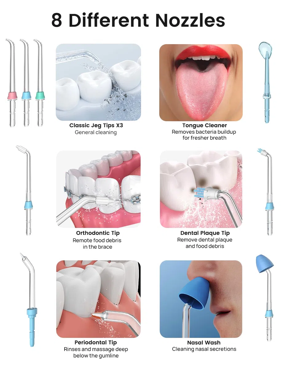 Apiker Idropulsore Dentale Professionale 600ml Irrigatore Dentale con 10 Impostazioni per Pressione dell’Acqua e 8 Beccucci Multifunzione Water Flosser IPX7 Cura Famiglia e Viaggi, Bianco