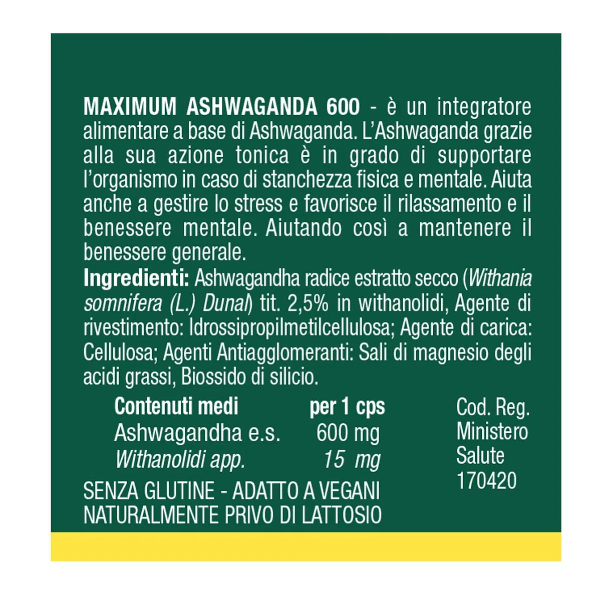 Naturando Maximum ASHWAGANDA 600 Integratore alimentare, con Ashwaganda, ottima in caso di stanchezza fisica e mentale – Flacone da 40 capsule vegetali