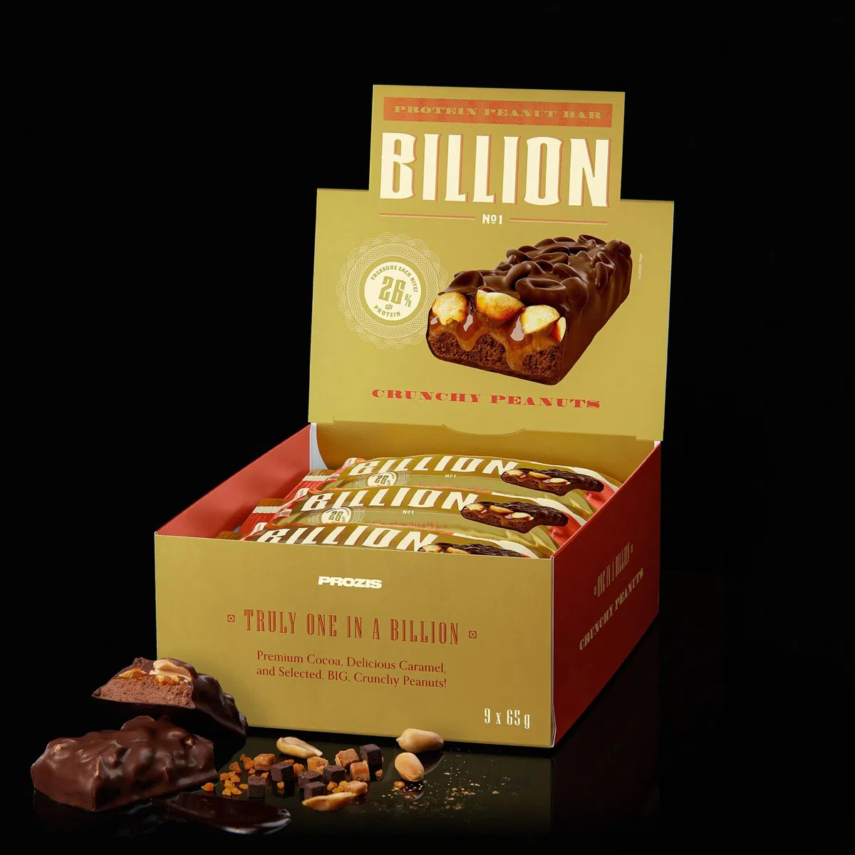 Prozis Billion Bar 9 x 65 gr - barrette proteiche a base di arachidi caramello cioccolato. (585 gr, arachidi cioccolato latte)