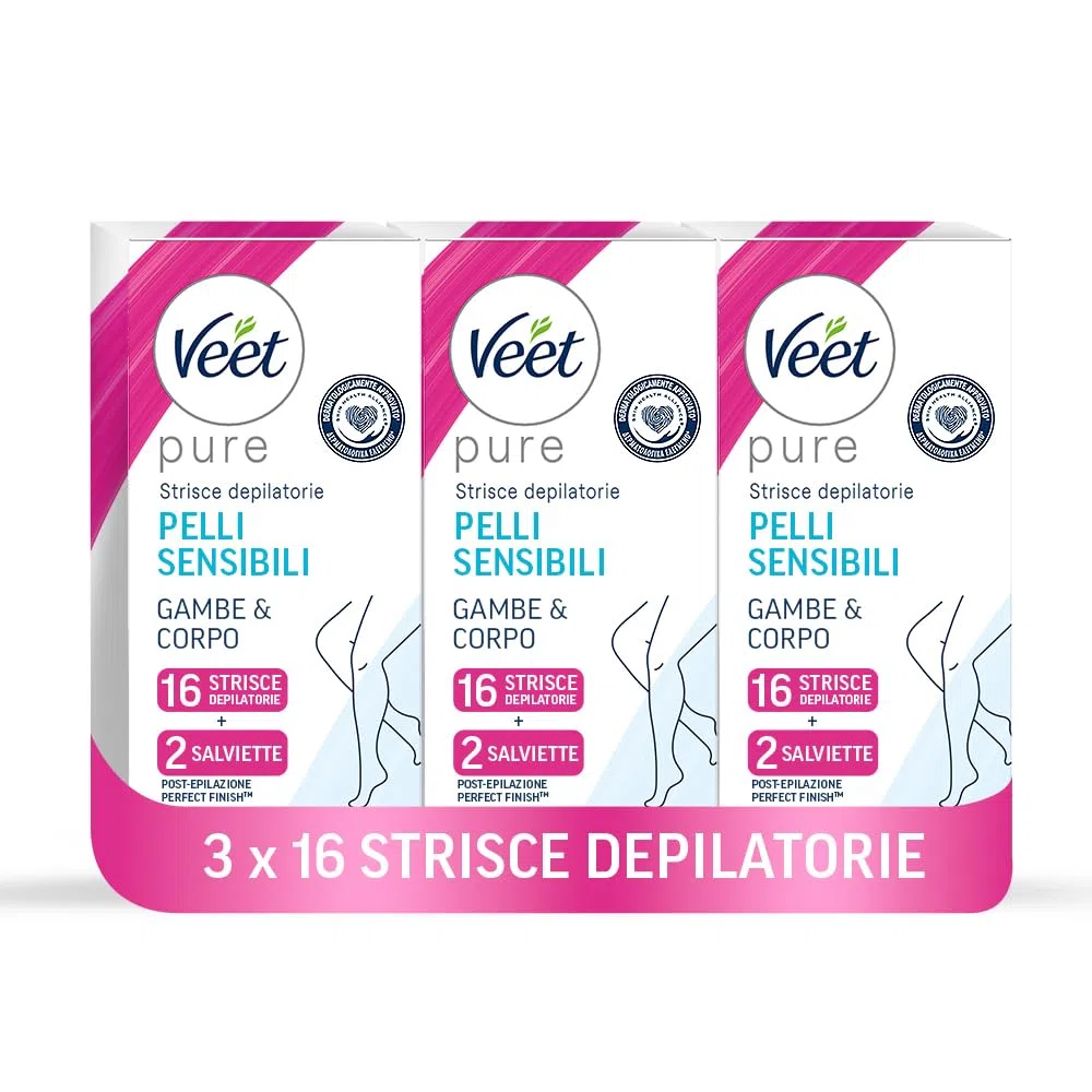 Veet Strisce Depilatorie Gambe e Corpo, Ipoallergeniche e Dermatologicamente Testate, 48 Strisce (3 confezioni da 16 Strisce) + Salviette Post-Epilazione Idratanti