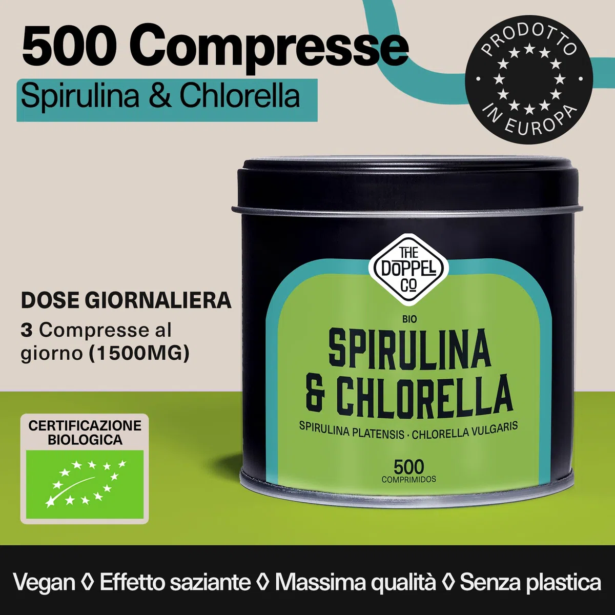 Spirulina e Clorella Biologiche - 500 Compresse - 1500 mg per Dose - Alghe Spirulina e Clorella Biologiche -Senza Additivi - Disintossicazione - Proteine Vegano Bio - Senza Plastica