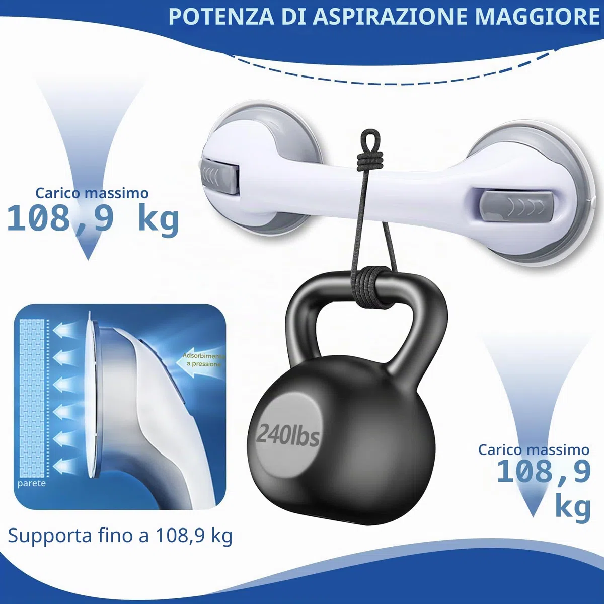 Maniglia per anziani, 2 pezzi, per doccia con ventosa, senza foratura, antiscivolo per doccia e bagno, tenuta forte fino a 110 kg, maniglia di sicurezza per anziani, grigio, 30 cm