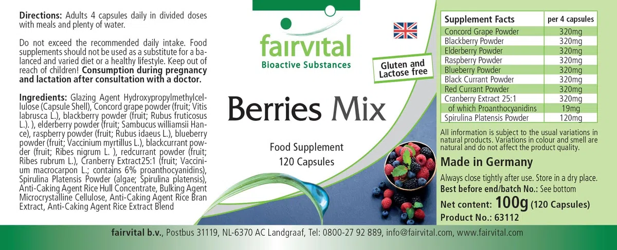 fairvital Mix di bacche, 120 capsule, capsule antiossidanti, ALTO DOSAGGIO, VEGANO, 8 bacche con spirulina