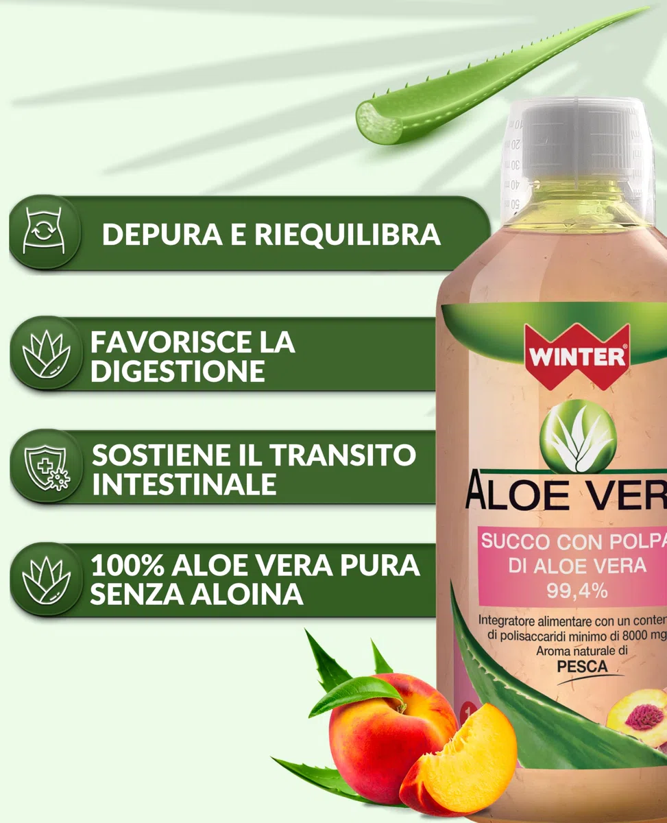 Aloe Vera da Bere 99,4% con Polpa Naturale al Gusto Pesca – Succo Senza Aloina, Made in Italy, 1000 ml – Integratore Depurativo e Digestivo, Fresco e Piacevole da Bere Ogni Giorno