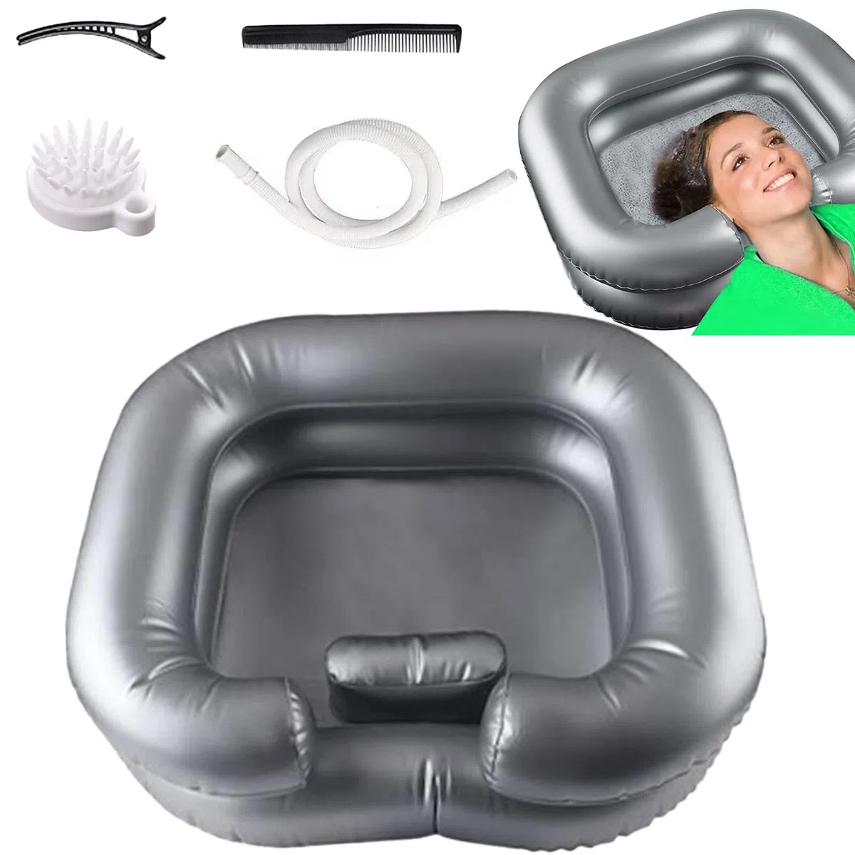 Lavatesta Portatile Gonfiabile con Cuscino Piccolo & Tubo Drenaggio 1M, Lavabo Lavaggio Capelli per Parrucchieri,Lavandino Shampoo Lavare Mobile per Donne Incinte,Persone Ferite,Persona Letto,Disabili