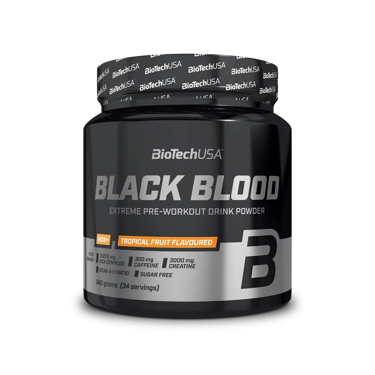 BioTechUSA Black Blood NOX+ | Formula Pre-Allenamento | con Caffeina, Creatina, Tirosina | Senza Zucchero | 340 g | Frutta tropicale