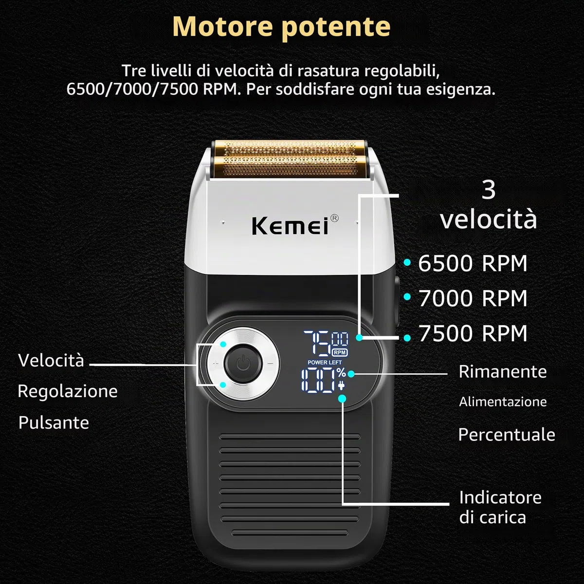 Kemei Rasoio elettrico a lamina per uomo con rifinitura della calvizie Rasoi elettrici senza filo con display a LED,Regali per la Festa Del Papà