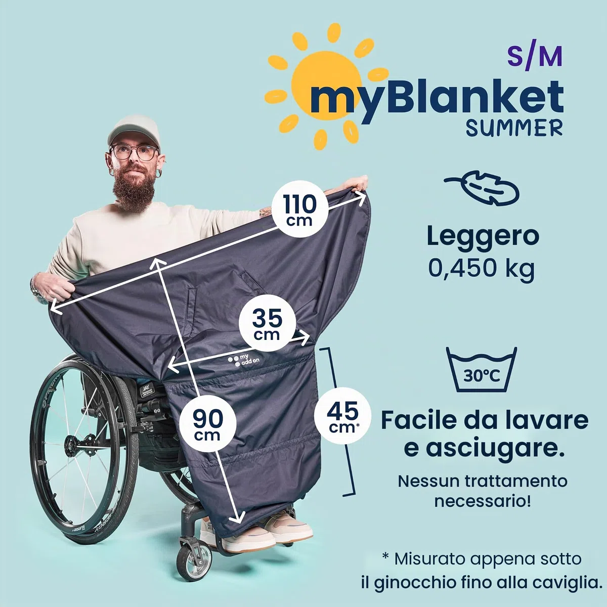 myBlanket Coperta per Sedia a Rotelle Estate - Coprugambe Impermeabile al Vento e alla Pioggia, Leggera e Compatta per Utenti di Sedie a Rotelle Manuali ed Elettriche - Cotone (S-M)