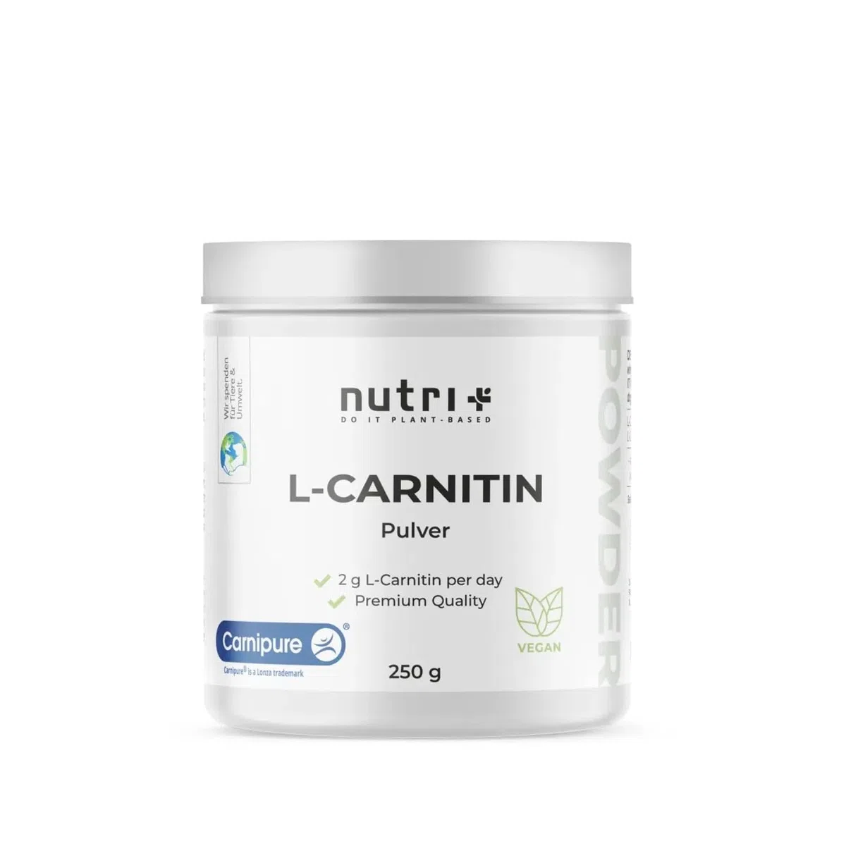 nutri + L-carnitina in Polvere - 100% Carnitina Tartrato vegan Pure Powder 250 g - 3000mg per Porzione - Acido tartarico senza Additivi
