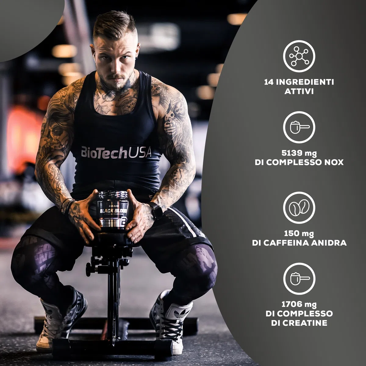 BioTechUSA Black Blood NOX+ | Formula Pre-Allenamento | con Caffeina, Creatina, Tirosina | Senza Zucchero | 340 g | Frutta tropicale