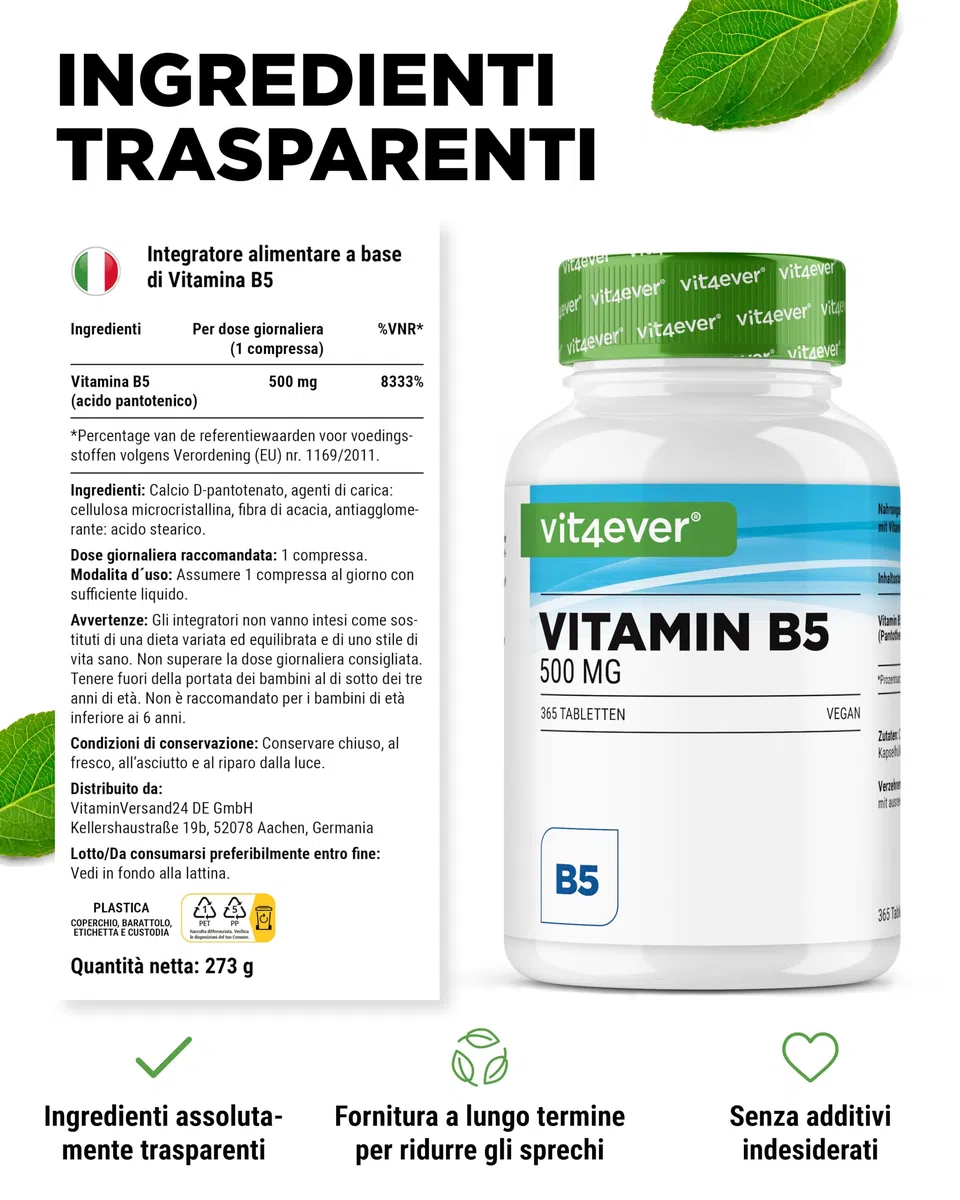 vit4ever Vitamina B5 (Acido Pantotenico) - 500 mg - 365 Compresse - Scorta per 1 anno - Alto Dosaggio - Senza Additivi Indesiderati - Vegano