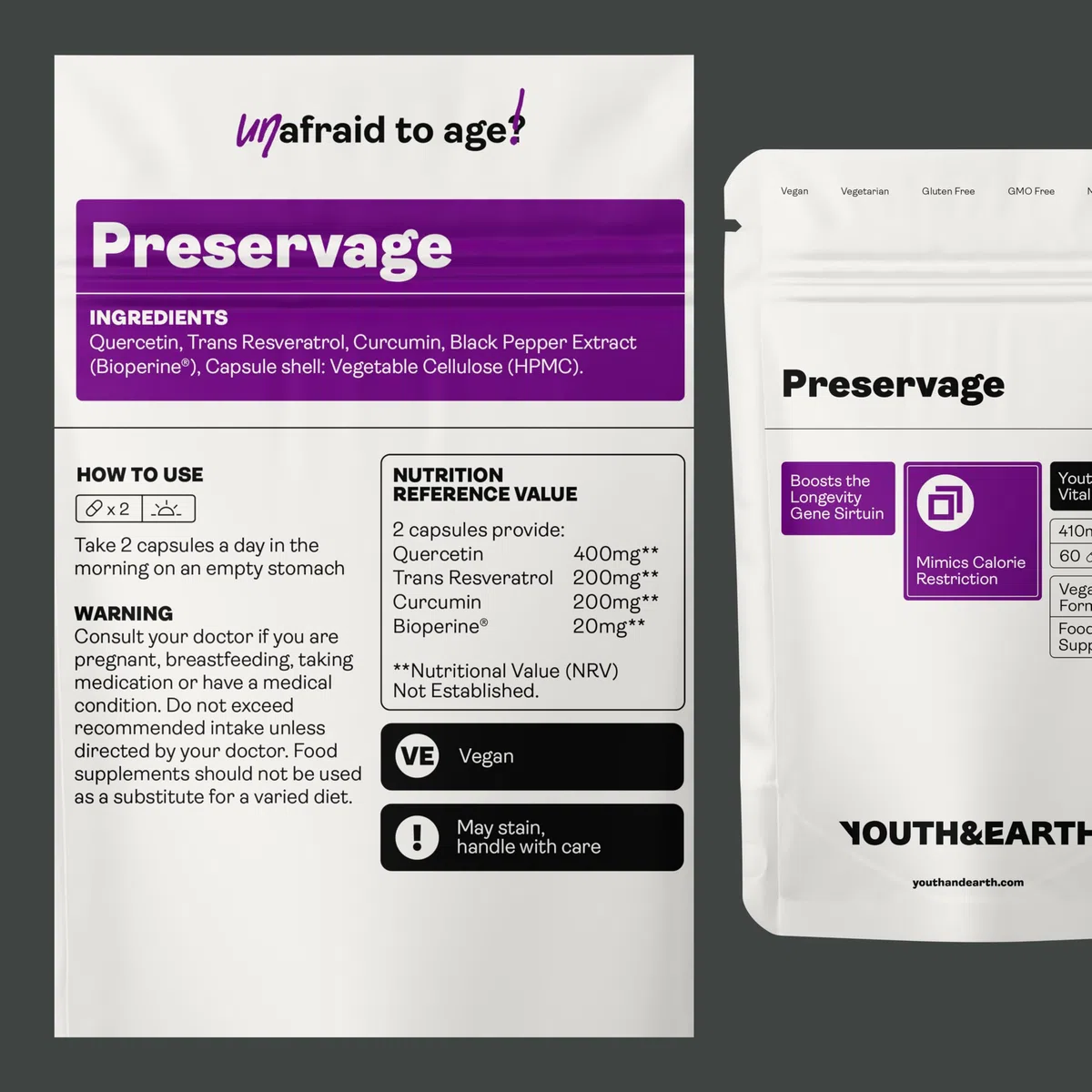 Youth & Earth Preservage | Miscela Di Resveratrolo, Curcumina, Quercetina E Bioperine | Integratore Naturale Anti-Età | Antiossidante ad Alto Potenziale | 60 Capsule Vegane | 410mg | Prodotto In UE