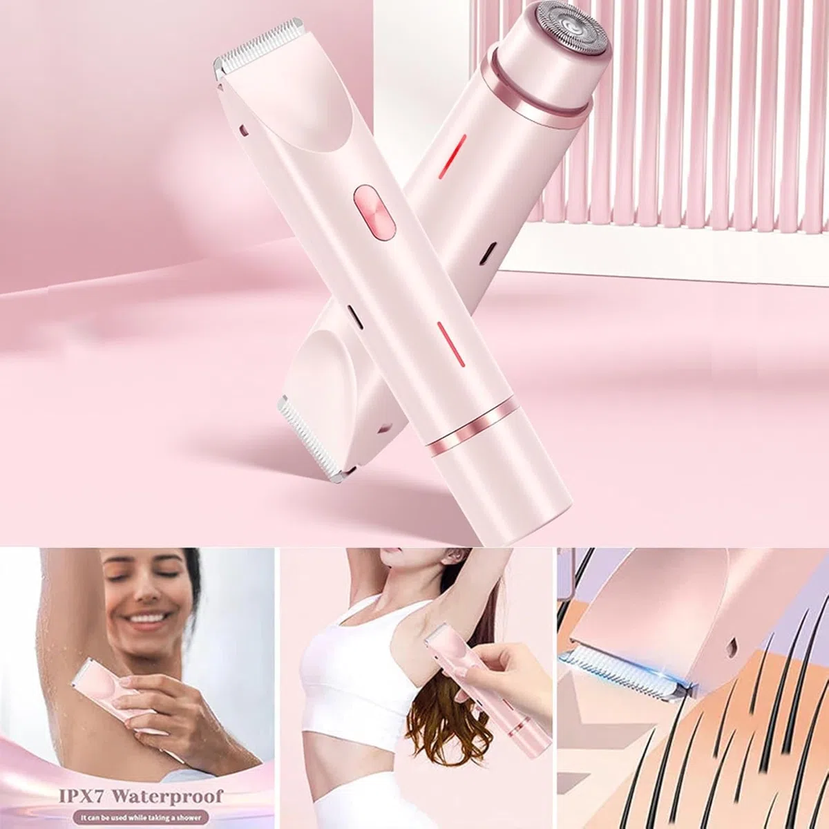 Rasoio a doppia testa da donna, 2 in 1, IPX7, impermeabile, ricaricabile, rasoio elettrico per donne, per pubico, bikini, ascelle, gambe, braccia, corpo viso