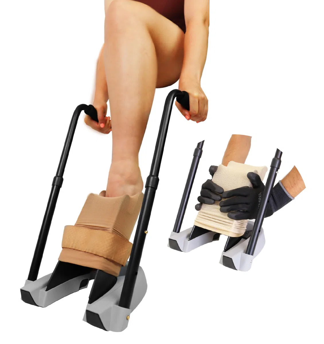 KMINA Infila Calze Compressive + Guanti Inclusi, Device 2‑in‑1 per Anziani e Mobilità Ridotta – Facile da Usare con Calze e Calzini – Altezza Regolabile, Brevettato - Prodotto in Europa