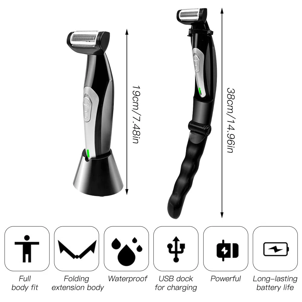 Rasoio Schiena Uomo,HOVCEH Elettrico Rasoio Corpo Uomo con Impugnatura Rimovibile, Multifunzionale Rasoio Elettrico Corpo Bagnato e asciutto Ergonomico Rasoio per la Schiena per Tutto il Corpo