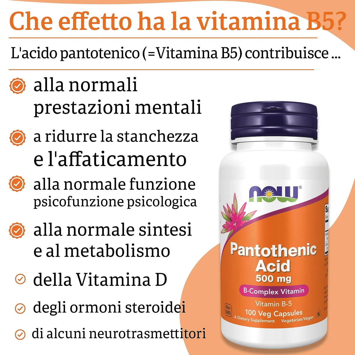 Now Foods, Pantothenic Acid (Acido Pantotenico), 500 mg, 100 Capsule vegan, Testato in Laboratorio, Vitamina B5, Dose Elevata, Senza Glutine, Senza Soia, Vegetariano