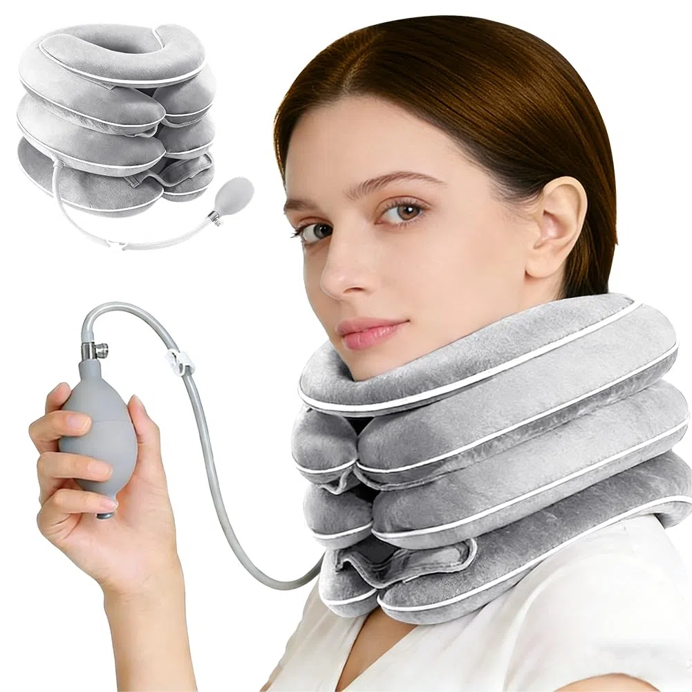 Collare gonfiabile, design di allungamento a 3 strati, supporto per il collo, collarino gonfiabile, per il collo, per il collo, per il collo, per la casa, per alleviare il dolore, grigio chiaro