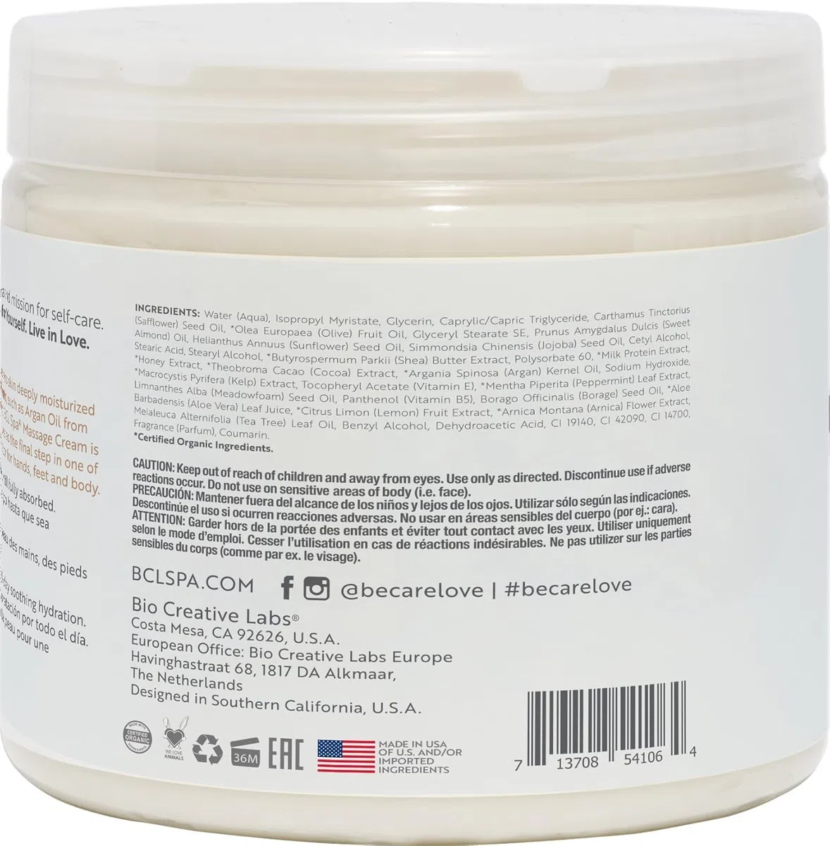 Bio Creative Lab Spa Massage Cream, Milk Honey and White Chocolate, 470ml