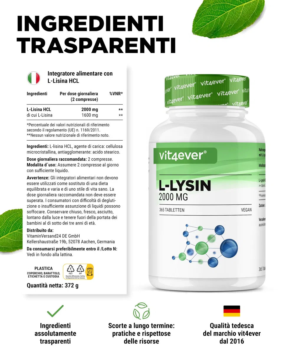 L-Lisina – 365 Compresse – Alto dosaggio con 2000 mg di L-Lisina HCL al giorno – Da fermentazione vegetale – Senza additivi indesiderati – Vegano