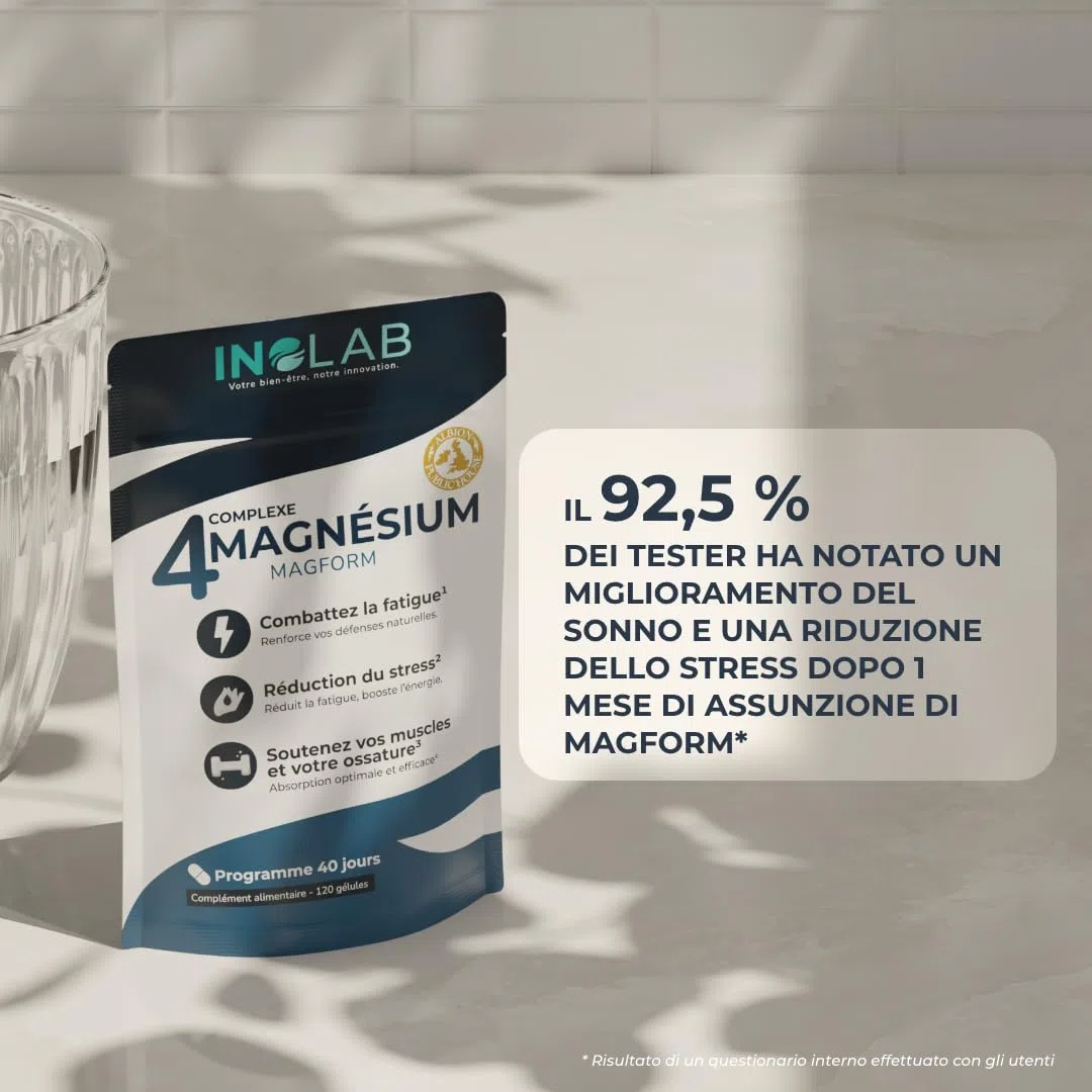 INOLAB Magnesio Completo 1980mg + B6 | 4 Forme Sinergiche: Magnesio Bisglicinato, Malato, Vegetale, Taurina Chelata | Alta Assimilazione e Tolleranza | 120 Capsule Senza Magnesio Marino
