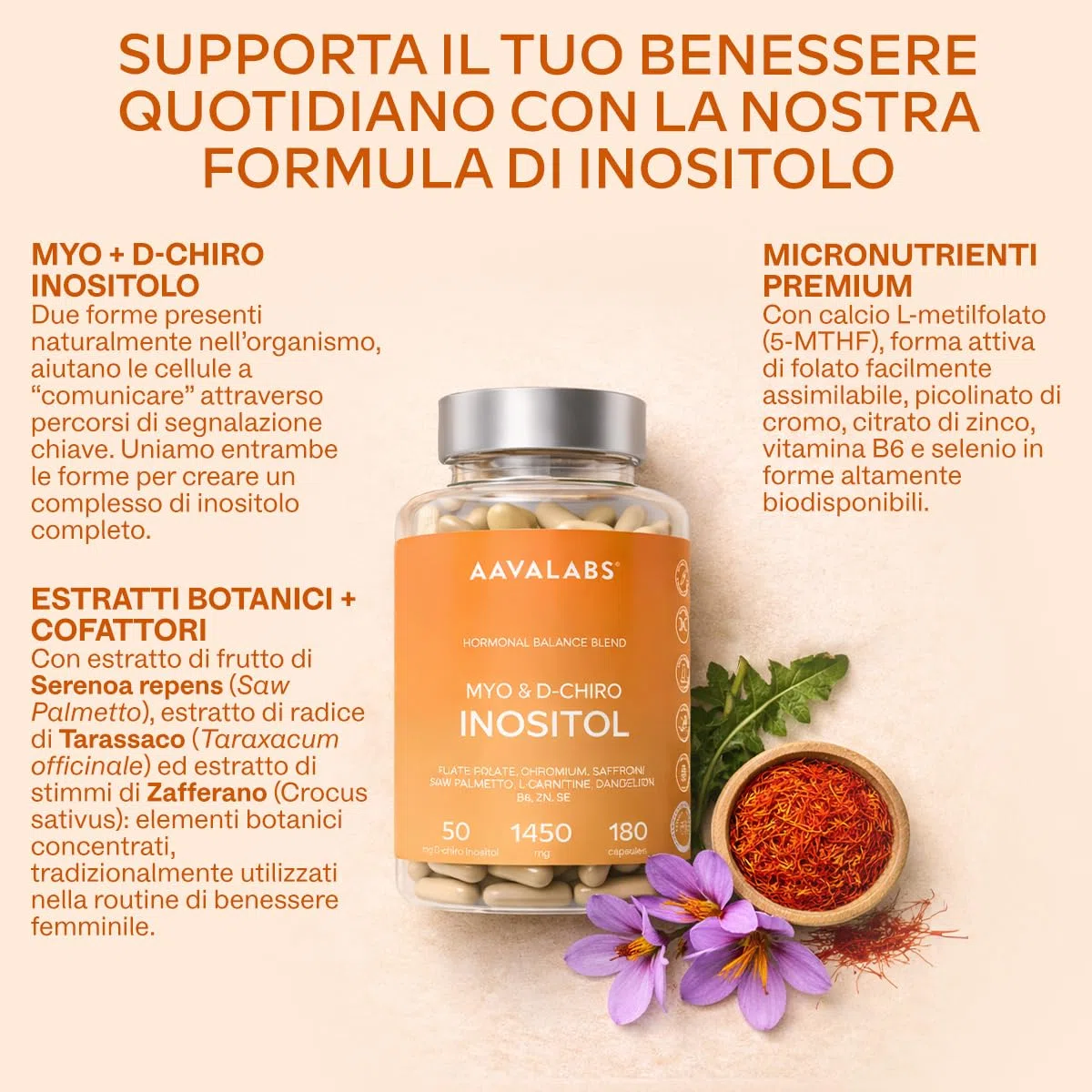 Myo Inositolo e D-Chiro Inositolo Integratore 1450mg | Equilibrio Ormonale e Supporto Metabolico Femminile con Tarassaco Zafferano Acido Folico Cromo Zinco Selenio Vitamina B6-180 Capsule Vegane