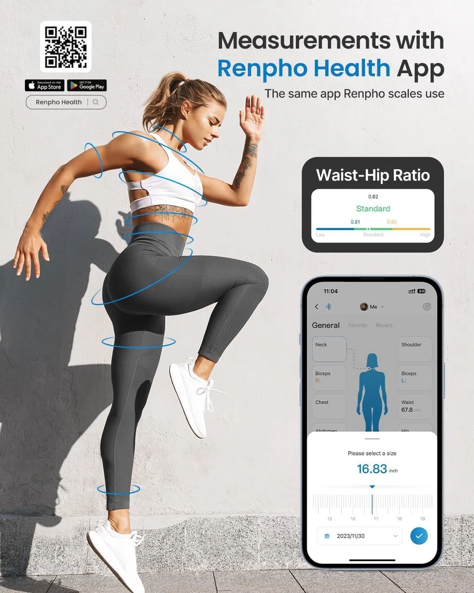 RENPHO Metro a Nastro Smart per Misurazione del Corpo con App Tramite Bluetooth, per Misurare Varie Circonferenze del Corpo, Aumento Muscolare, Risultati di Fitness e Bodybuilding, in Pollici e CM