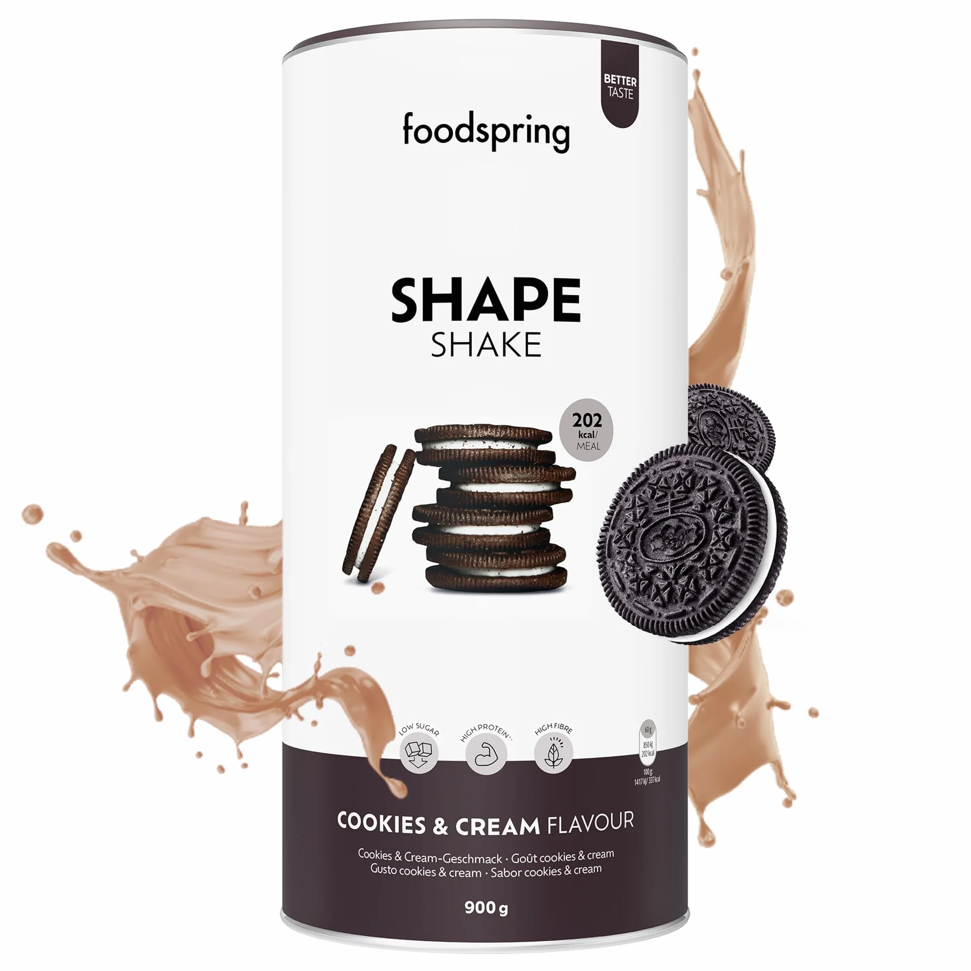 foodspring Shape Shake Cookies & Cream - Sostituto pasto completo per il controllo del peso con proteine di prima qualità, 202 kcal per porzione, senza glutine - nuova formula (900g)