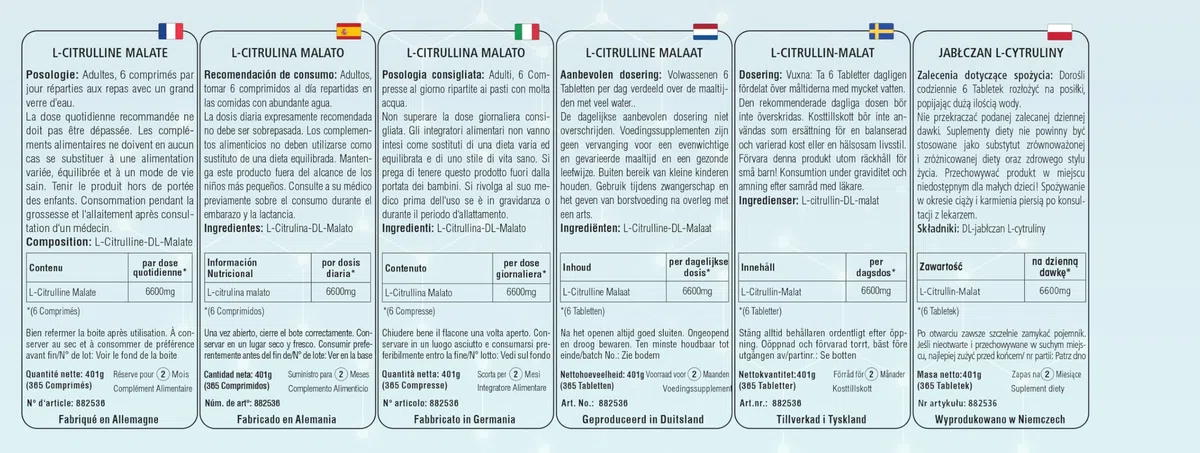 L-citrullina malato, 365 compresse, 6600mg per dose giornaliera, 100% L-citrullina DL-malato senza additivi, Altamente dosato, 100% Vegano, produzione tedesca e test di laboratorio,