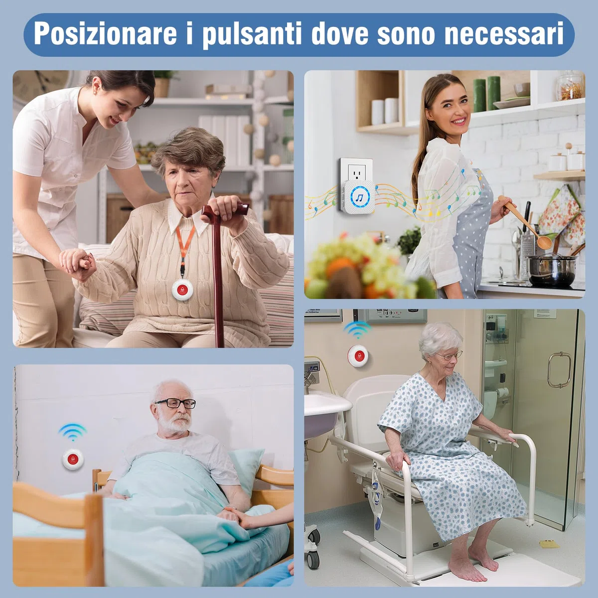Chunhee Salvavita Anziani Wireless con Pulsante SOS - Campanello per Anziani & Cercapersone 150m, 4 Livelli Volume, Allarme Sicurezza per Casa/Case di Riposo (Pulsante Salvavita Anziani Integrato)