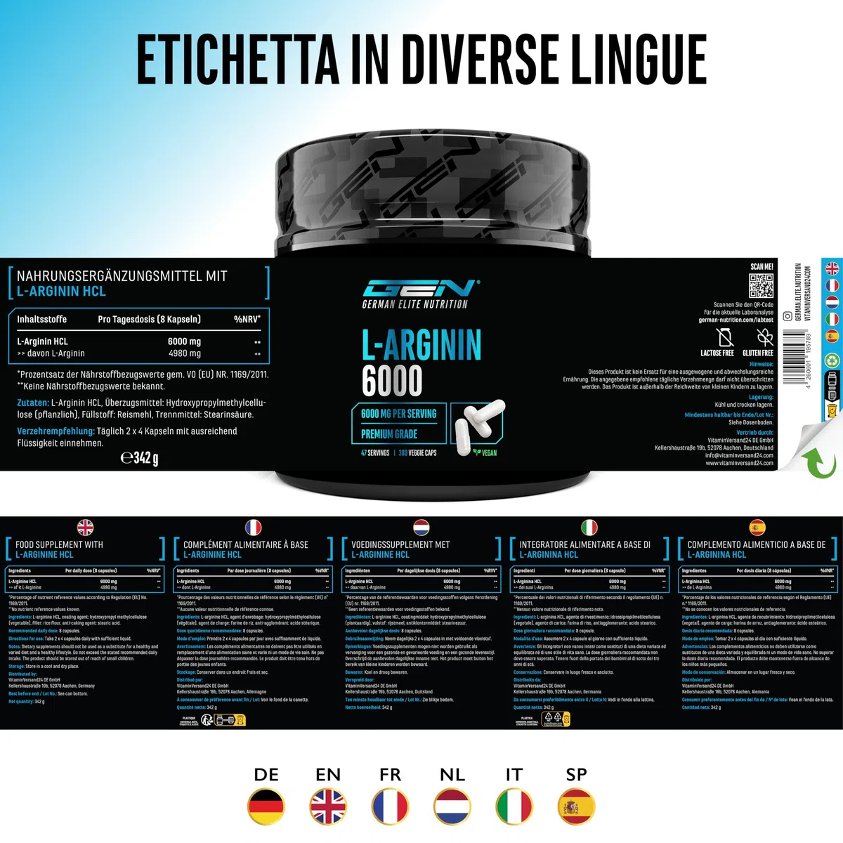 L-Arginin – 380 capsule vegane – 6000 mg di L-arginina HCL per porzione giornaliera con 4980 mg di arginina pura – Amminoacido ad alto dosaggio di origine vegetale
