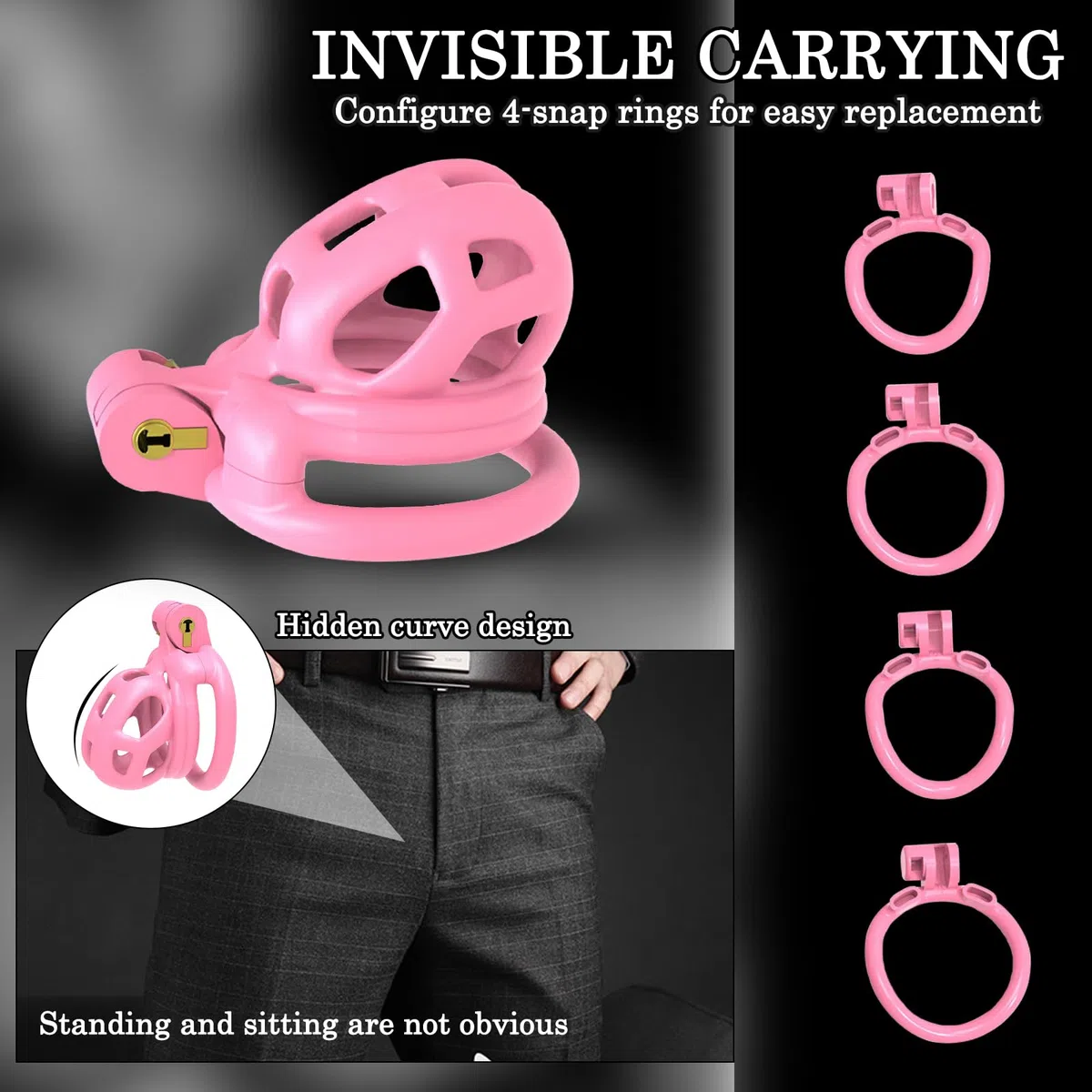 BDSMYOU Gabbia di Castità Rosa,Include 4 Anelli per Testicoli di Diverse Dimensioni,Chastity Cage Maschile in Resina 3D,BDSM Bondage Sex Toys,Toys Sessuali per Uomini (S)